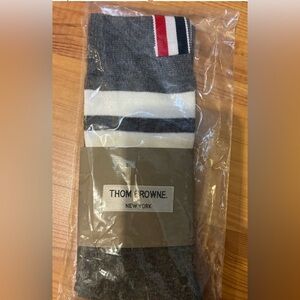 Thom Browne Gray, White & Navy Stripe Crew Socks with Red Accent unisex